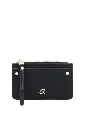 Zwarte lederen kaarthouder met ritssluiting, voorvak, zilverkleurige ritstrekker en klein zilverkleurig logo in het midden aan de voorkant.