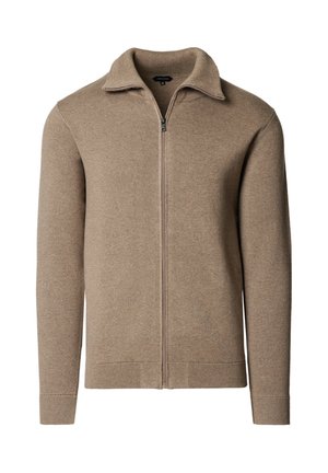 Beżowy, dziergany kardigan na pełny zamek, z długimi rękawami, stójką oraz ściągaczami na mankietach i u dołu, rozmiar średni.