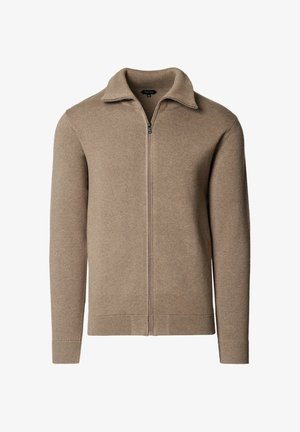 Beżowy, dziergany kardigan na pełny zamek, z długimi rękawami, stójką oraz ściągaczami na mankietach i u dołu, rozmiar średni.