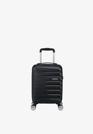 Valigia rigida nera con manico retrattile e quattro ruote girevoli, con la scritta "American Tourister" sulla parte anteriore.