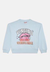 Svetlomodrý mikina s rebrovanými manžetami a lemom, s ružovou trblietavou grafikou pier a textom "VINGINO SINCE 1997 ORIGINAL DENIM."