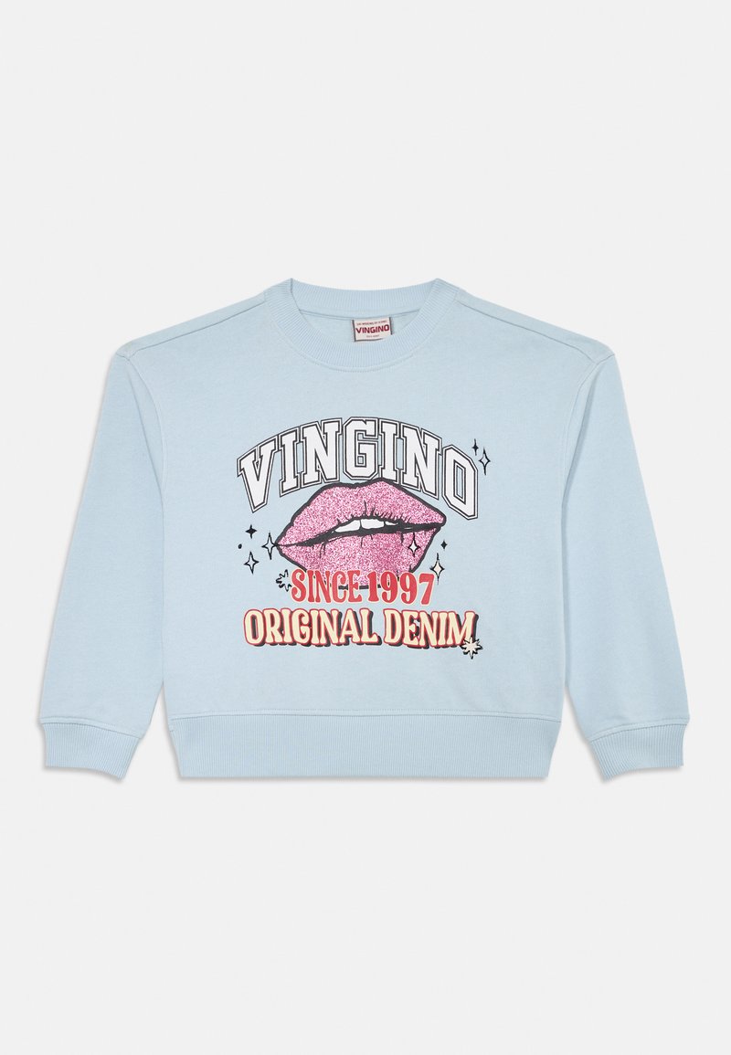 Svetlomodrý mikina s rebrovanými manžetami a lemom, s ružovou trblietavou grafikou pier a textom "VINGINO SINCE 1997 ORIGINAL DENIM."