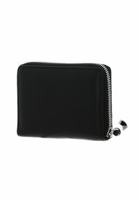 Portefeuille en cuir noir à texture lisse, de forme rectangulaire, fermeture éclair argentée et marquage discret sur le devant.