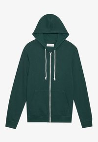 Dark green zip-up hoodie with white drawstrings and front pockets, displayed flat on a light background.