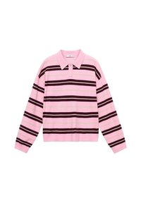 Poloshirt mit langen Ärmeln in Hellrosa, mit horizontalen Streifen in Dunkelbraun und Hellbeige. Klassischer Kragen mit Knopfverschluss.