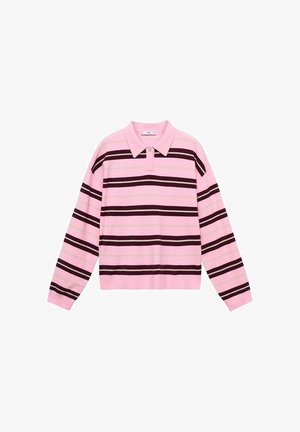 Polo con maniche lunghe di colore rosa chiaro, con strisce orizzontali marrone scuro e beige chiaro. Colletto classico con chiusura a bottone.