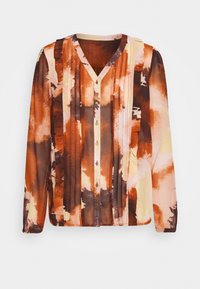 Blusa a maniche lunghe con stampa floreale arancione e marrone. Presenta delle pieghe, uno scollo a V e chiusura con bottoni con dettagli verdi lungo la patta.