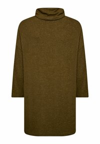 Túlméretezett, olívazöld pulóver, magas gallérral, 3/4-es ujjakkal és sima textúrával. A lefelé ívelt szegélye és a szövet finoman melírozott hatású.