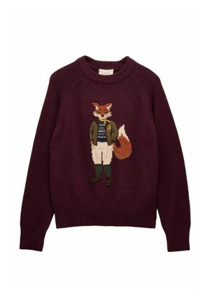 Burgundski pleteni pulover s vezenjem lisice v zeleni jakni, modrem puloverju, belih hlačah in zelenih čevljih spredaj.