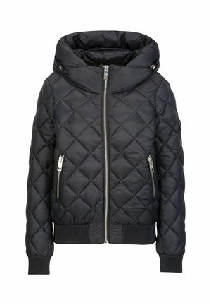Schwarze gesteppte Jacke mit hohem Kragen, Frontreißverschluss und zwei seitlichen Reißverschlusstaschen. Verfügt über gerippte Bündchen und Saum sowie einen glänzenden, strukturierten Stoff.