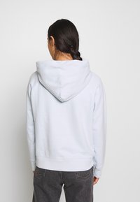 Ljusblå hoodie med en stor huva, ribbade manschetter och nederkant, med en mjuk textur och avslappnad passform, sedd bakifrån.