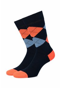 Granatowe skarpetki w wzór argyle z pomarańczowymi i jasnoniebieskimi diamentami. Jednolity pomarańczowy akcent na palcach i piętach. Wykonane z miękkiego, elastycznego materiału.