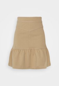 Gonna di cotone beige con vita aderente, orlo a balza svasato e dettagli di cucitura a contrasto. Tessuto liscio, design casual.