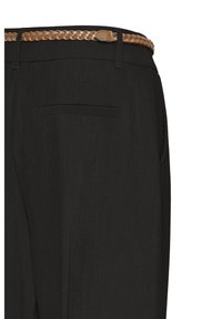 Black tailored trousers with a textured finish, featuring a braided tan leather belt and a single back pocket.