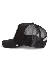 Gorra de béisbol negra con un panel frontal sólido, parte trasera de malla y visera curva. Presenta un parche de logo en el lado y tela texturizada.