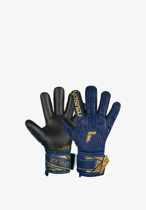 Torwart-Handschuhe mit einer schwarzen Latexsituation im Handbereich und einem blauen strukturierten Handrücken mit goldenen Akzenten, die Grip und Unterstützung bieten. Verstellbarer Handgelenksverschluss.