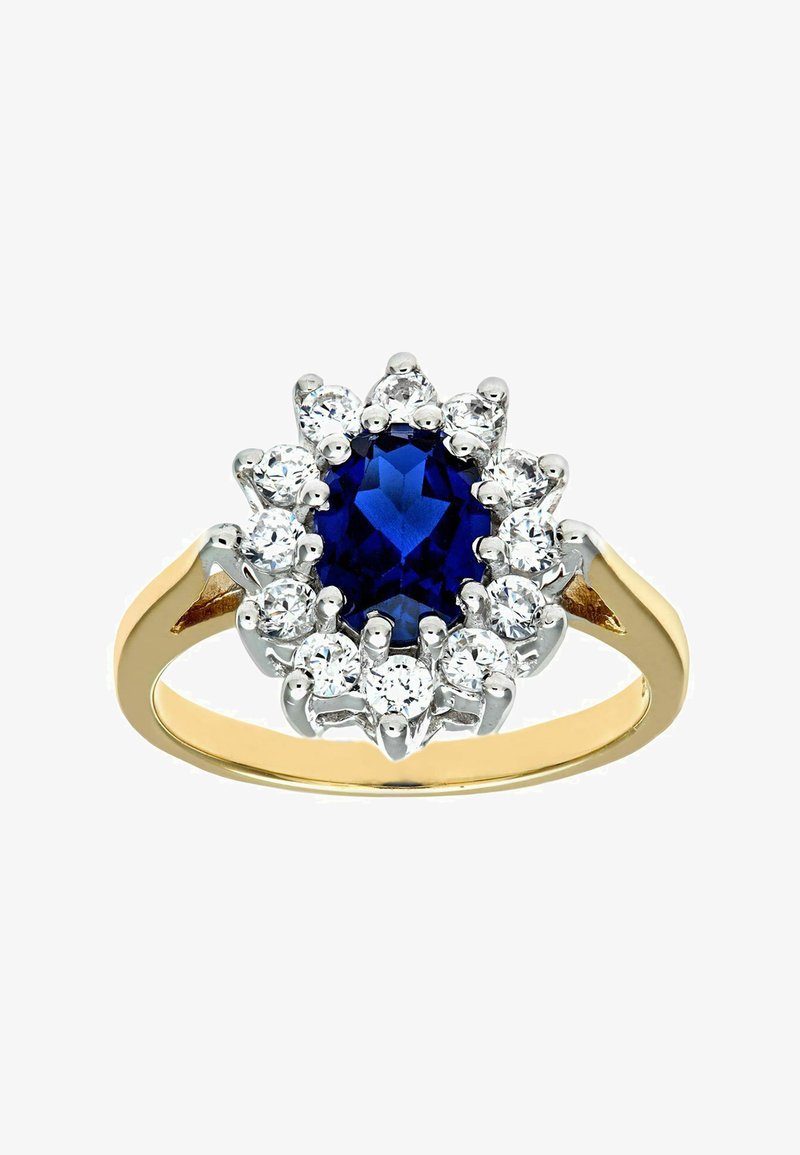 Anello in oro con zaffiro blu ovale centrale, circondato da un alone di diamanti bianchi tondi incastonati in metallo di tono argenteo.