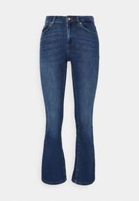Högmidjade mörkblå denimjeans med framfickor, knapp, dragkedja och liten utsvängd benöppning.