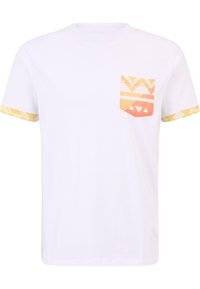 White T-shirt with short sleeves featuring a patterned pocket in orange and yellow shades. Accents on sleeves with geometric designs.