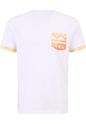 White T-shirt with short sleeves featuring a patterned pocket in orange and yellow shades. Accents on sleeves with geometric designs.
