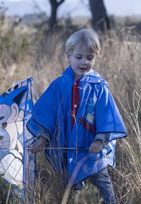 Poncho de pluie bleu avec capuche, arborant un design de Sonic le Hérisson. Un enfant tient un parapluie bleu avec des détails noirs et blancs à l'extérieur.