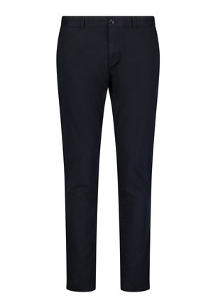 Navy blue chinos made from cotton blend fabric, featuring a button closure, front pockets, and a slim fit design with no visible patterns.