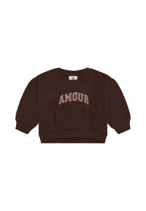 Mørkebrun langærmet sweatshirt med ordet "AMOUR" trykt i lyserød, med ribbede manchetter og kant.