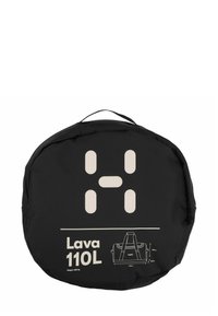 Schwarze Tasche mit rundem Design, ausgestattet mit einem cremefarbenen Grafikelement. Enthält einen Griff und spezifiziert ein Volumen von 110 Litern.