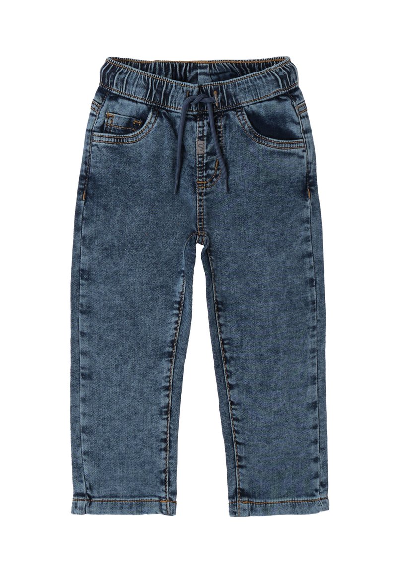 Pantaloni in denim blu scuro con vita elastica e cordino. Presentano due tasche frontali e dettagli di cucitura discreti.