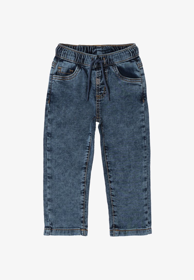 Pantaloni in denim blu scuro con vita elastica e cordino. Presentano due tasche frontali e dettagli di cucitura discreti.