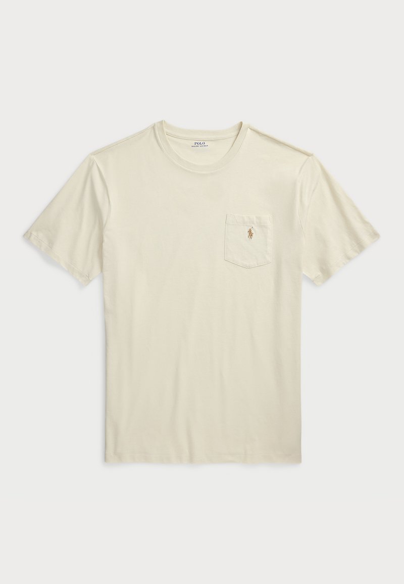 Kortärmad t-shirt med rund halsringning i ljusbeige bomull, med en bröstficka och broderad logotyp i en kontrasterande nyans.