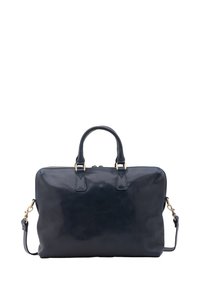 Borsa a tracolla in pelle blu navy con una superficie liscia, doppie maniglie superiori, tracolla staccabile e accenti in metallo dorato. Chiusura con zip.