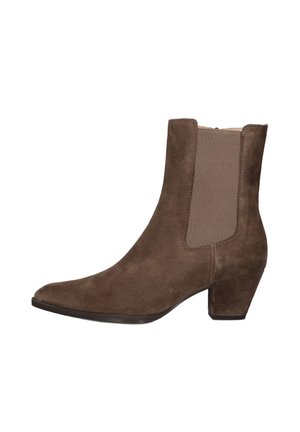 Brown suede ankle boot with block heel and elastic side panel for easy wear, angled toe, and smooth sole.