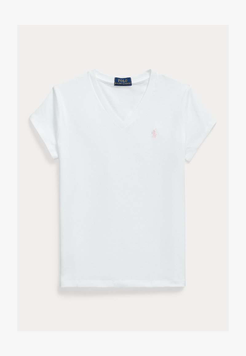 T-shirt Polo Ralph Lauren blanc à manches courtes et col en V avec petit logo rose brodé sur la poitrine gauche.
