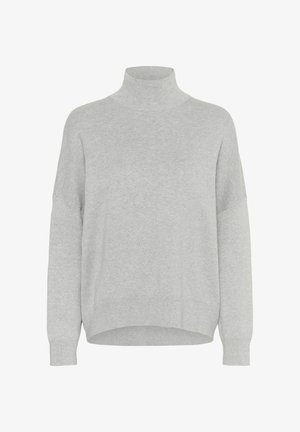 Lys grå turtleneck sweater lavet af blødt stof, med en afslappet pasform, droppede skuldre og ribbede manchetter. Subtil glat tekstur.