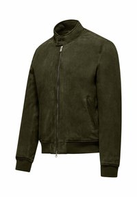 Donkergroene suede jas met een hoge kraag, een ritssluiting aan de voorkant en twee zijzakken; heeft ribbelmanchetten en een ribbelband voor een getailleerde uitstraling.
