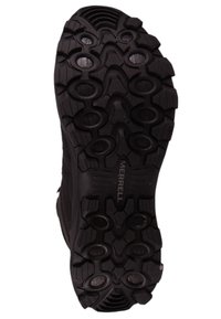 Merrell schwarze Wanderschuhsohle mit tiefen, multidirektionalen Profilen für Traktion, strukturiertem Gummi und kreisförmigen Grip-Mustern.