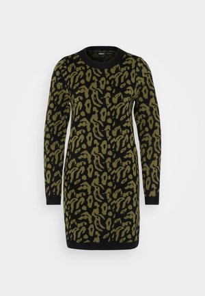 Πλεχτό φόρεμα με μαύρη βάση και σχέδιο λεοπάρ σε ελιά, μακριά μανίκια και στρογγυλή λαιμόκοψη. Μαλακή υφή και κομψή γραμμή.