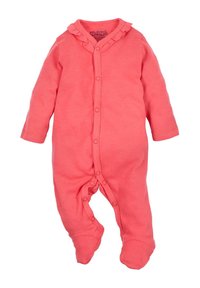 Coral pink onesie made of soft fabric, features long sleeves, ruffled collar, and snap buttons down the front and inner legs.