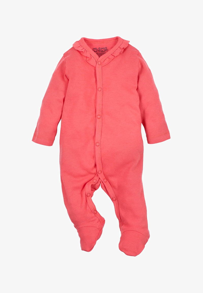 Coral pink onesie made of soft fabric, features long sleeves, ruffled collar, and snap buttons down the front and inner legs.