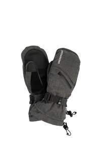 Muffole grigie isolate con un'esterno in tessuto testurizzato, palmi in pelle, cinghie regolabili e una tasca laterale con zip.