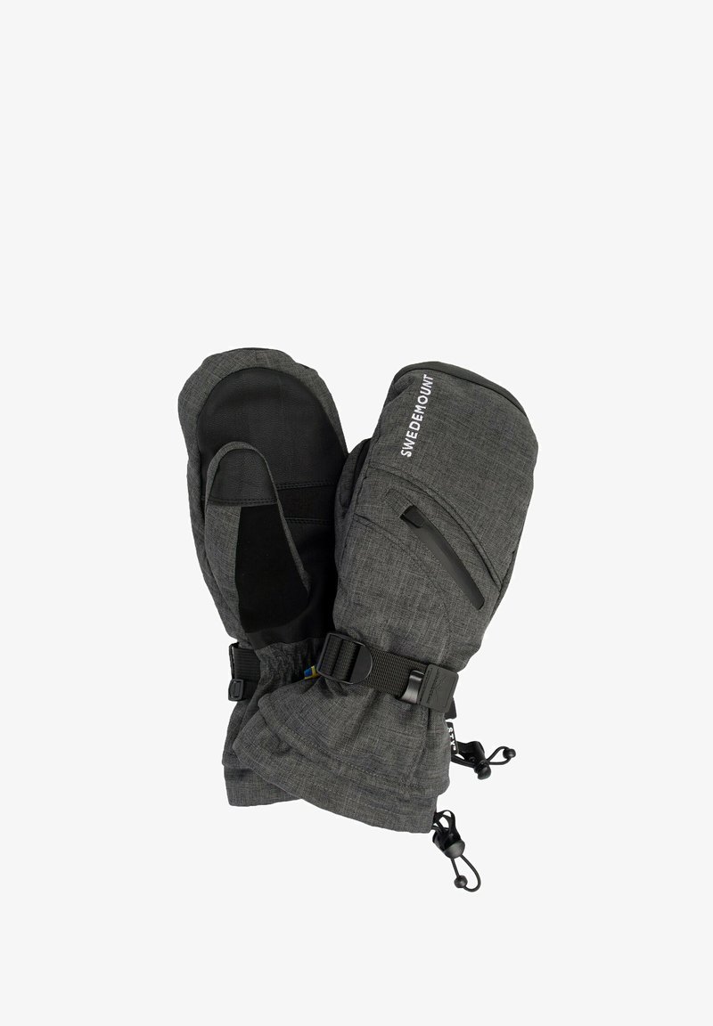 Moufles isolées grises avec un extérieur en tissu texturé, des paumes en cuir, des sangles réglables et une poche zippée sur le côté.