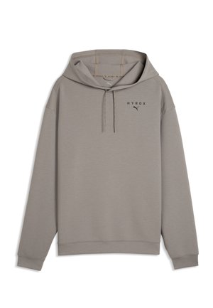 Lysegrå hættetrøje med lange ærmer, snore og "HYROX" logo med Puma-emblem på brystet.
