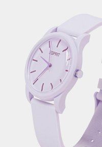 Lila Silikon-Uhr mit einem runden Gehäuse, minimalistischen Stundenmarkierungen und passenden Zeigern. Die Marke "ESPRIT" ist auf dem Zifferblatt der Uhr abgebildet.