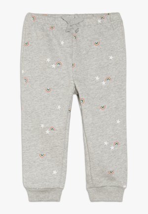 Pantalon de survêtement enfant gris clair avec taille et poignets élastiques, décoré de petits arcs-en-ciel et d'étoiles blanches dispersés sur le tissu.