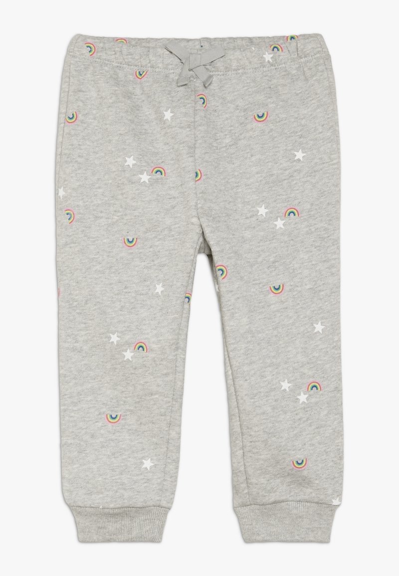 Pantalon de survêtement enfant gris clair avec taille et poignets élastiques, décoré de petits arcs-en-ciel et d'étoiles blanches dispersés sur le tissu.
