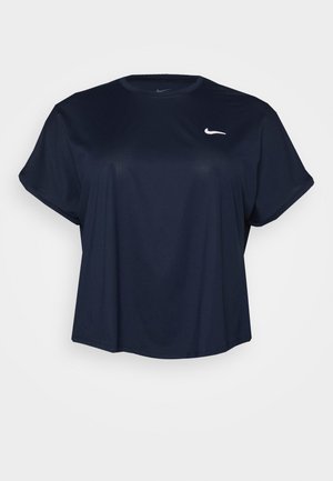 Camiseta deportiva Nike azul marino de manga corta con cuello redondo, ajuste holgado y logo blanco de Nike swoosh en el pecho.