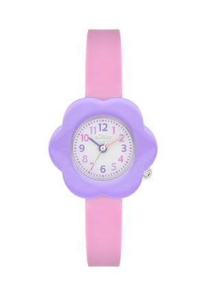 Kinderarmbanduhr mit einem pinkfarbenen Armband und einem violett blumenförmigen Gehäuse, die die Uhrzeit 10:09:35 anzeigt.