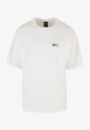White cotton t-shirt with short sleeves, crew neck, standard fit, and a small black logo on the left chest area. Smooth texture.