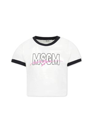 Witte T-shirt met korte mouwen, voorzien van een marineblauwe geribbelde ronde halslijn en mouwen. Bevat het "MSGM" logo in zwarte en roze tekst aan de voorkant.